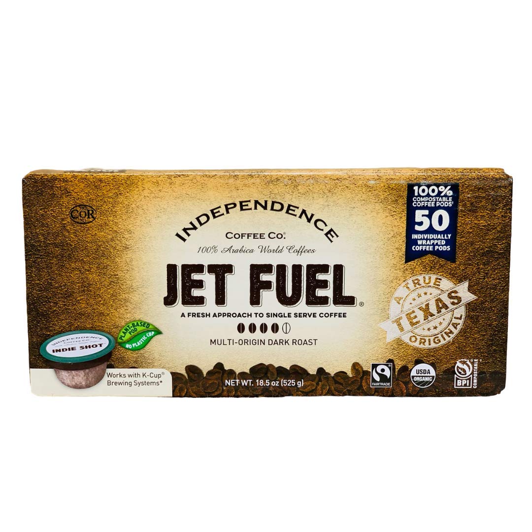 Independence Coffee Co. Jet Fuel Intense and Heavy Body, Dark Roast, Single Serve Coffee Indie Shot K Cup Pods, Compostable Plant-Based Coffee Pods, Keurig Brewer Compatible, 50 Count