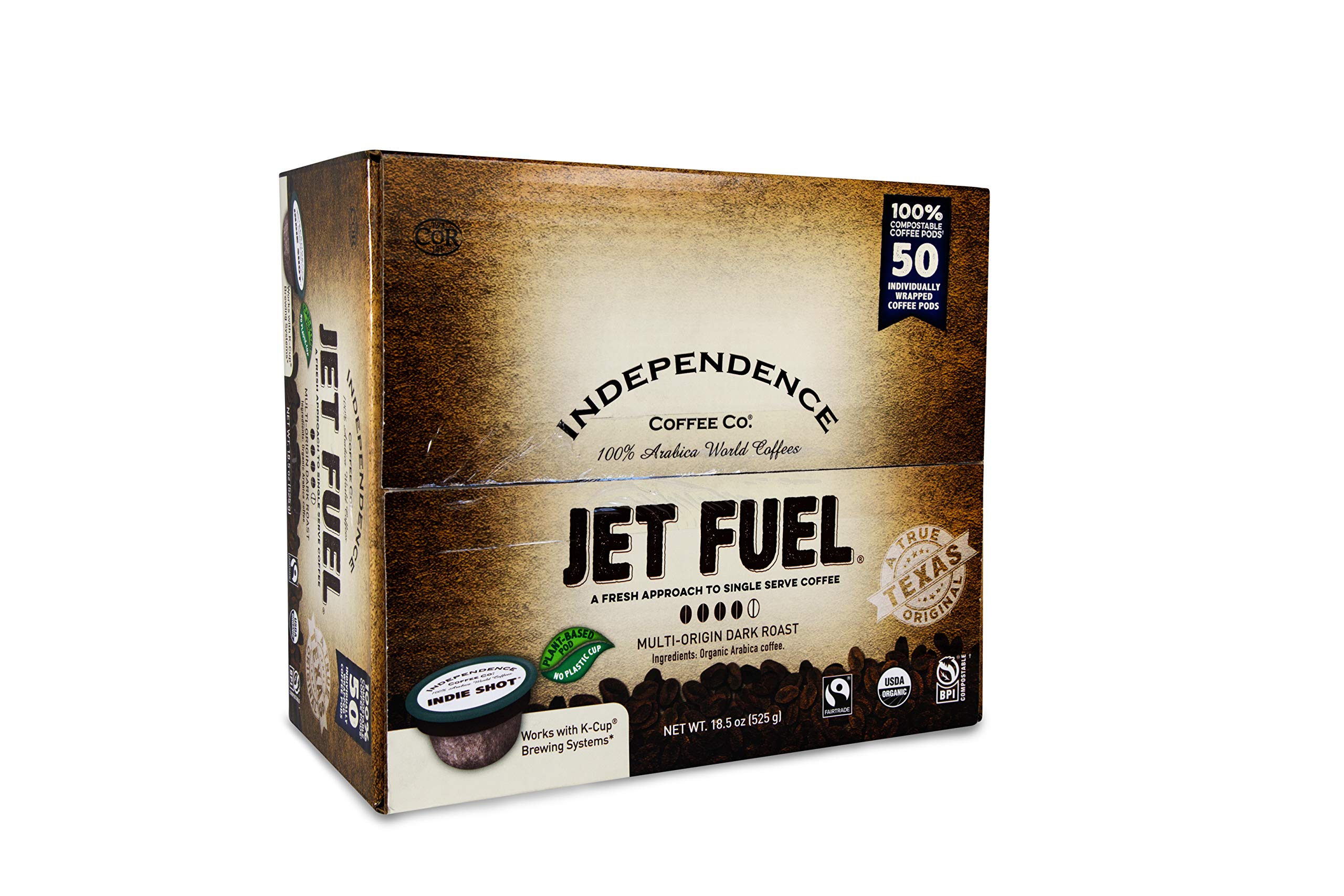 Independence Coffee Co. Jet Fuel Intense and Heavy Body, Dark Roast, Single Serve Coffee Indie Shot K Cup Pods, Compostable Plant-Based Coffee Pods, Keurig Brewer Compatible, 50 Count