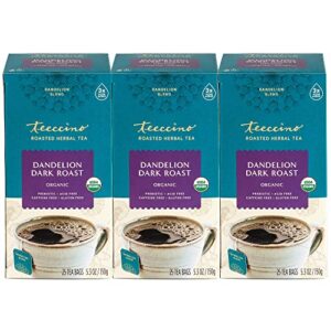 teeccino dark roast dandelion tea - rich & roasted herbal tea that’s caffeine free & prebiotic with detoxifying dandelion root, 25 tea bags (pack of 3)
