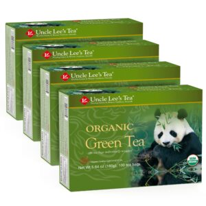 uncle lee’s organic green tea - premium tea for everyday wellness, medium caffeine, antioxidant-rich green tea bags, individually wrapped, 100 count (pack of 4)