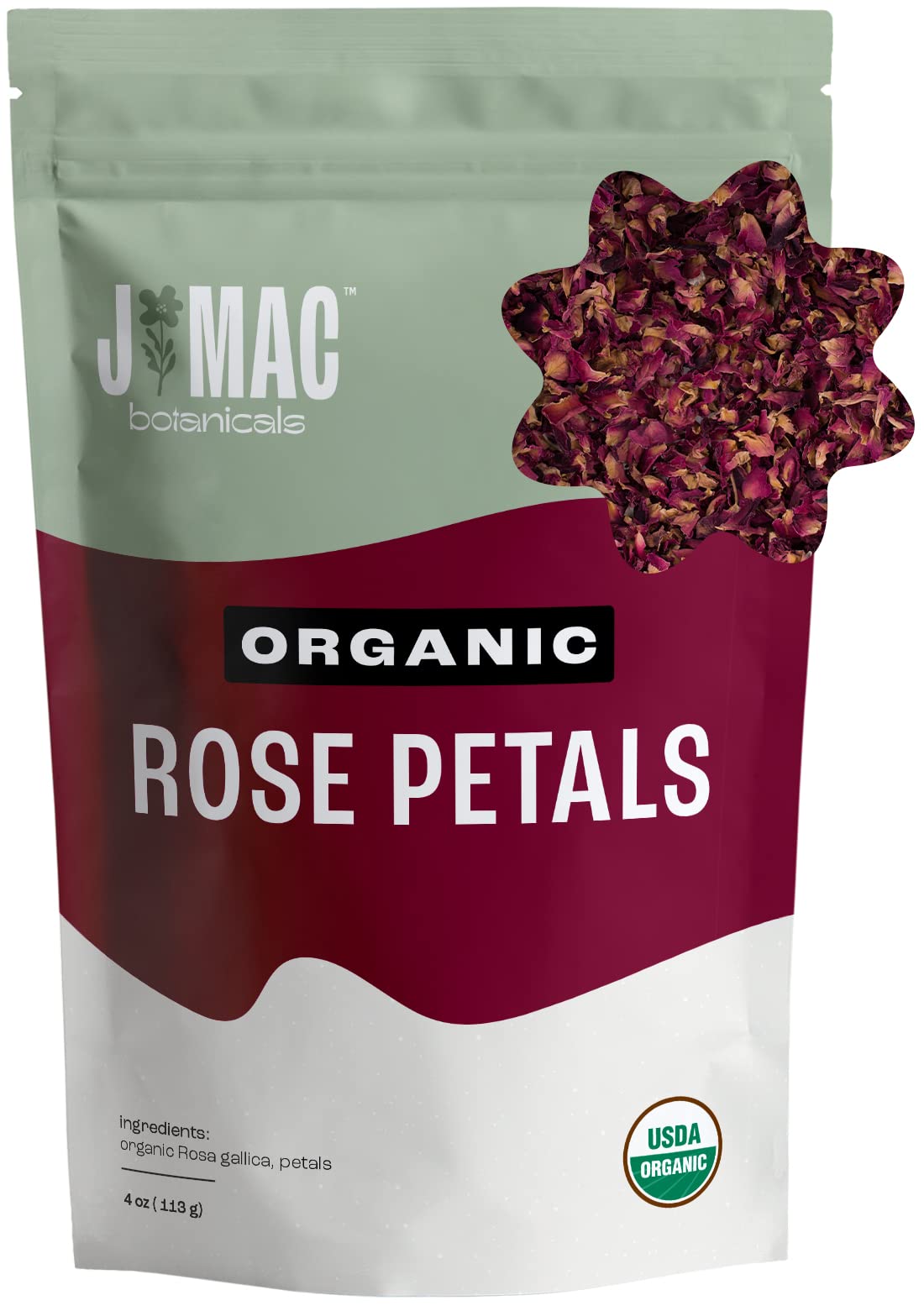 J MAC BOTANICALS, Organic Rose Petals (4 oz) Culinary Grade Dried Rose Petals, Edible Dried Rose Petals for Tea, Cooking and Crafts, Rose Petals for Bathtub, Dried Herbs for Tea, Organic Rose Tea