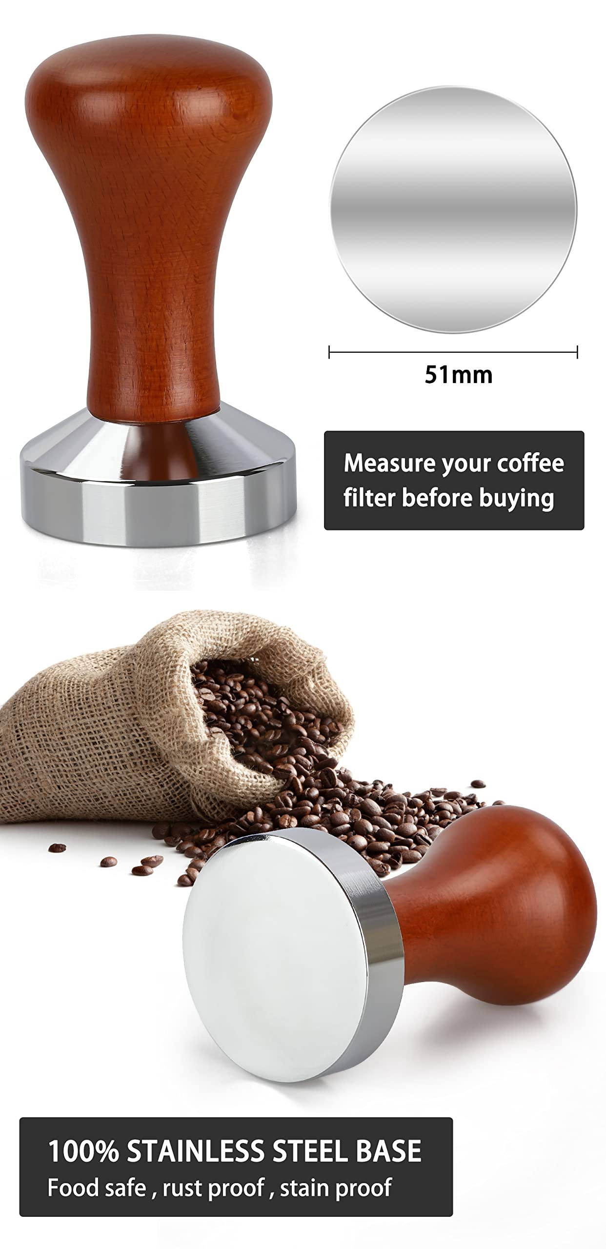 51mm Espresso Tamper-Premium Barista Coffee Tamper Coffee Tamper Classic Series Stainless Steel Espresso Tamper Coffee Press Tool Tamper Espresso Handle, 90x51mm, Solid wood, Stainless steel