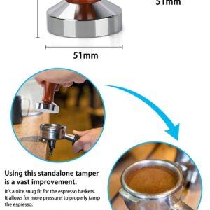 51mm Espresso Tamper-Premium Barista Coffee Tamper Coffee Tamper Classic Series Stainless Steel Espresso Tamper Coffee Press Tool Tamper Espresso Handle, 90x51mm, Solid wood, Stainless steel