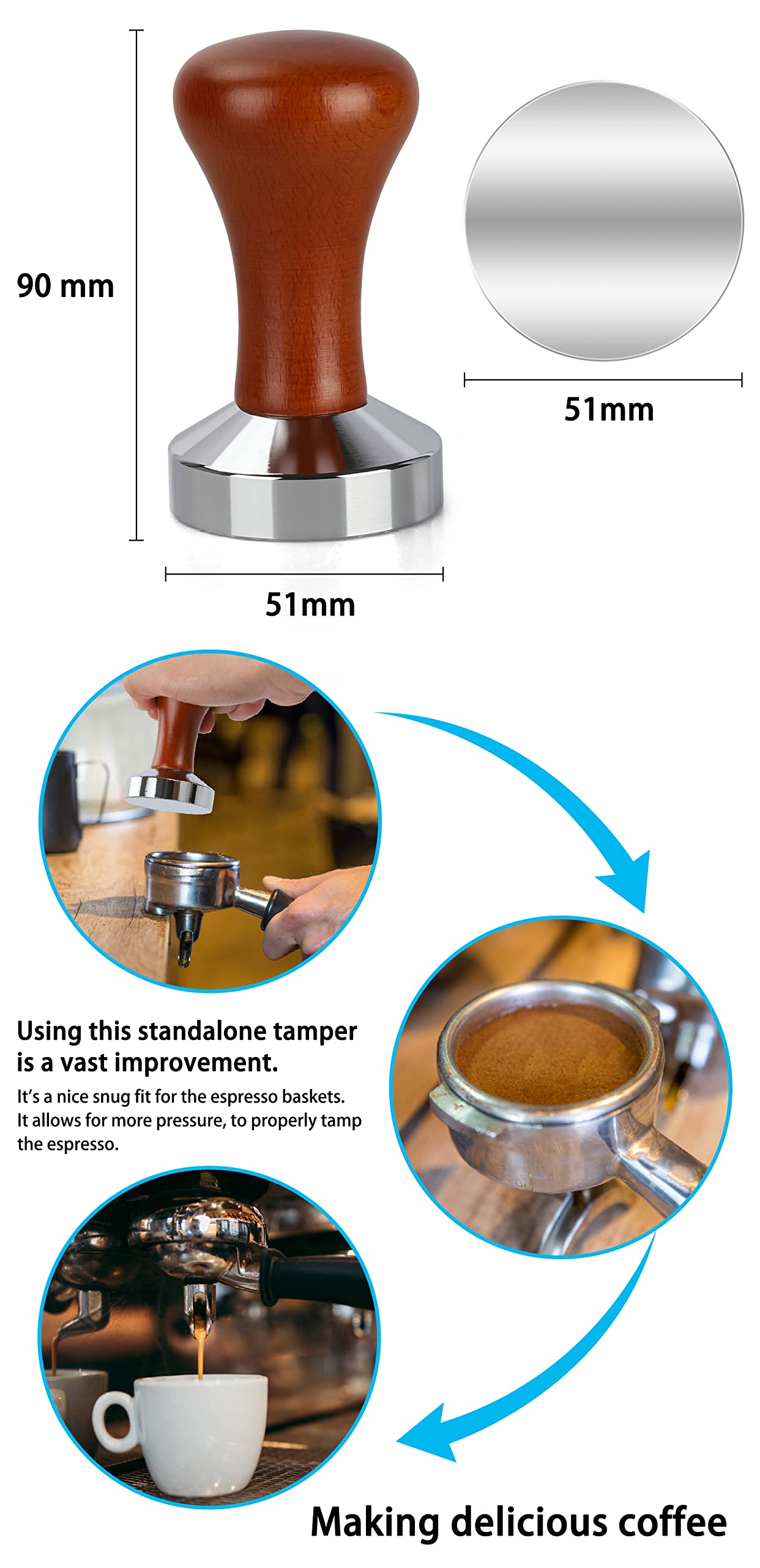 51mm Espresso Tamper-Premium Barista Coffee Tamper Coffee Tamper Classic Series Stainless Steel Espresso Tamper Coffee Press Tool Tamper Espresso Handle, 90x51mm, Solid wood, Stainless steel