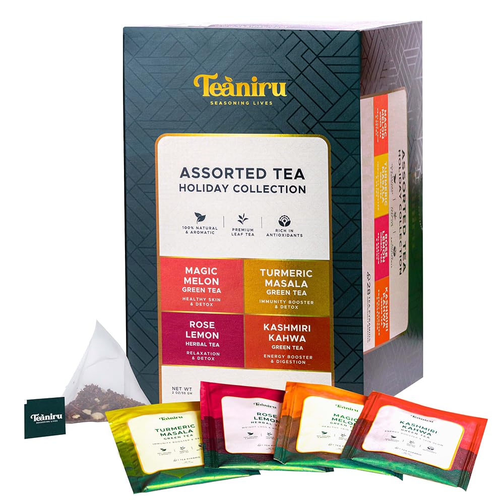 Teaniru, Holiday Festive Tea Collection - Assorted Tea Sampler | 4 Holiday Flavored Leaf Teas | 28 Pyramid Tea Bags - Individual Tea Sachets (serves up to 56 cups)