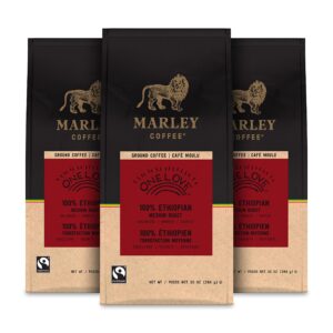 marley coffee one love, 100% ethiopian, medium roast, ground coffee, 10 ounce (pack of 3)
