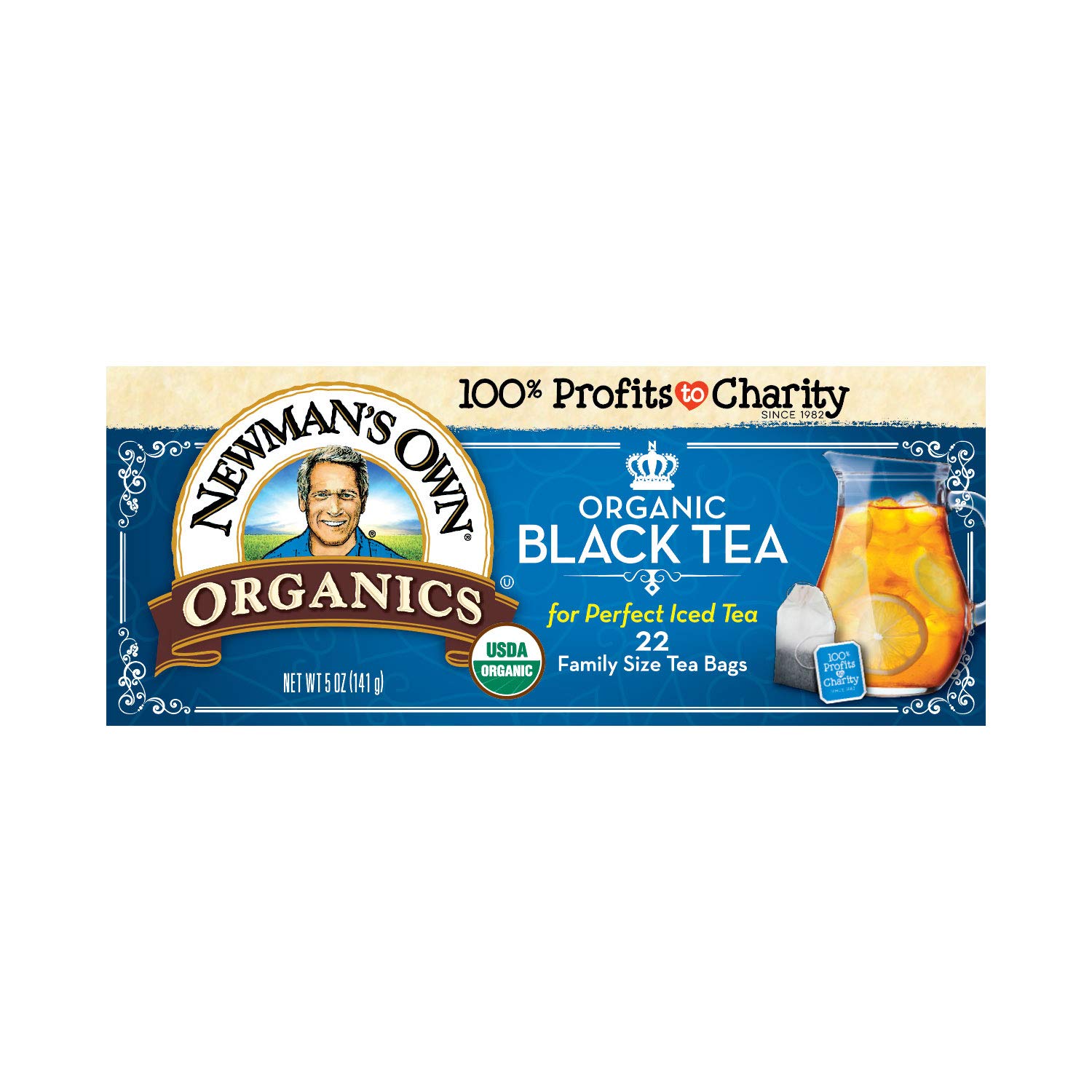 Newman's Own Organics Black Tea, Unsweetened Tea, USDA Certified Organic and Kosher, Contains Caffeine, 22 Family Size Individually Wrapped Black Tea Bags (Pack of 6)