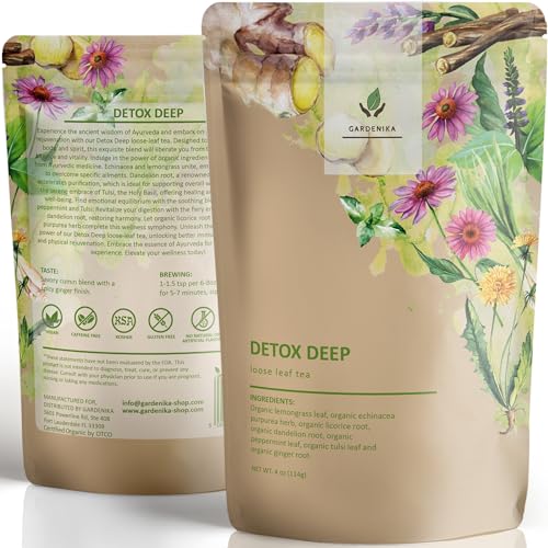 Gardenika Dandelion Root Detox Loose Leaf Tea, Herbal, Caffeine-Free, KSA Kosher, Ayurvedic with Lemongrass, Peppermint, Echinacea – 4 oz