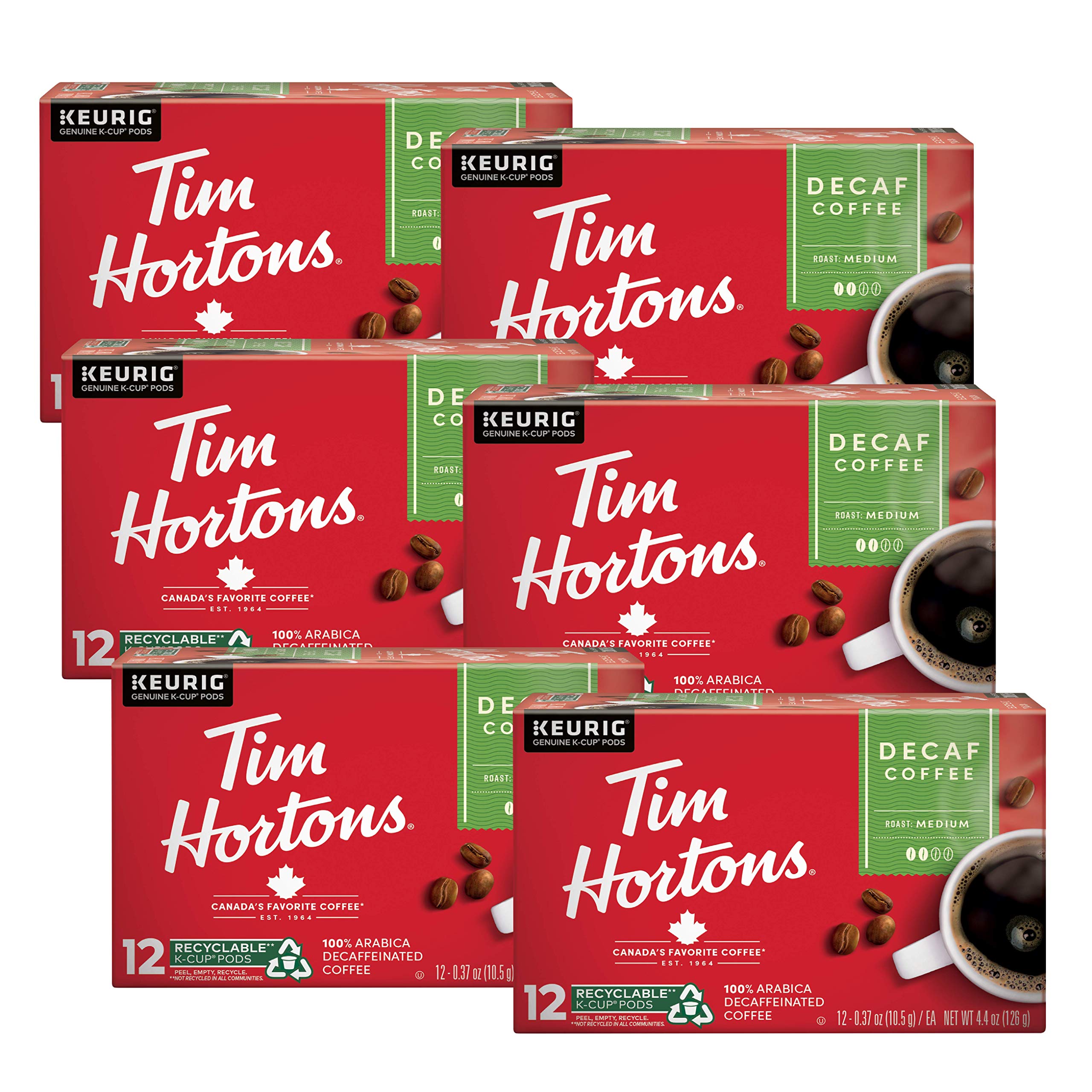 Tim Hortons Decaf, Medium Roast Coffee, Single-Serve K-Cup Pods Compatible with Keurig Brewers, 12 Count (Pack of 6), Red