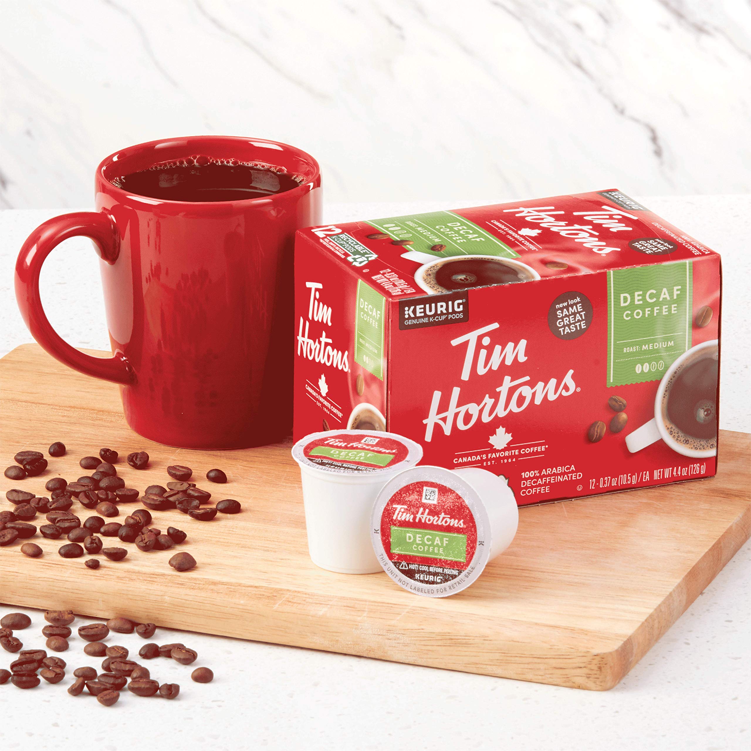 Tim Hortons Decaf, Medium Roast Coffee, Single-Serve K-Cup Pods Compatible with Keurig Brewers, 12 Count (Pack of 6), Red