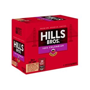 hills bros single serve coffee pods, 100% colombian ground coffee, medium roast, 20 count - keurig compatible, roasted arabica coffee beans, smooth balanced flavor