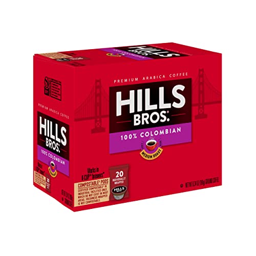 Hills Bros Single Serve Coffee Pods, 100% Colombian Ground Coffee, Medium Roast, 20 Count - Keurig Compatible, Roasted Arabica Coffee Beans, Smooth Balanced Flavor