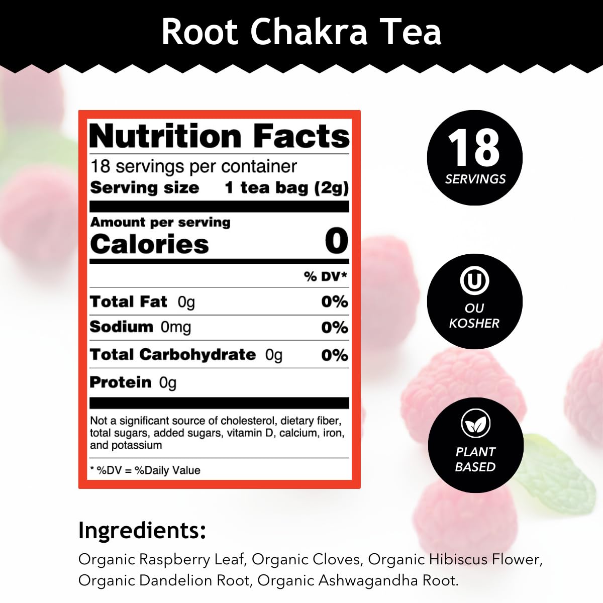 Buddha Teas - Root Chakra Tea - Organic Herbal Tea - For Security & Stability - With Ashwagandha Root, Raspberry Leaf, Cloves & Garnet Essence - 100% Kosher & Non-GMO - 18 Tea Bags (Pack of 1)