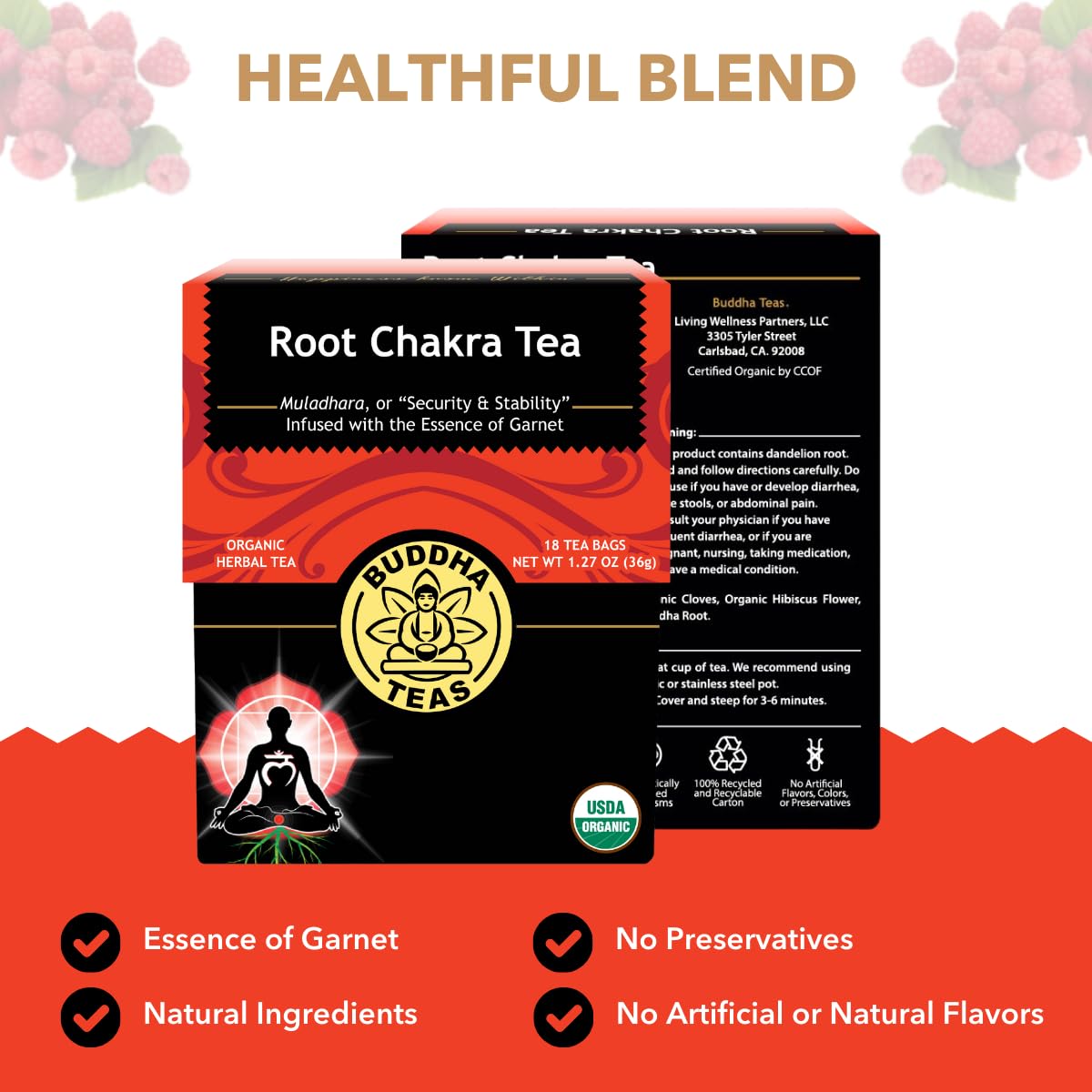 Buddha Teas - Root Chakra Tea - Organic Herbal Tea - For Security & Stability - With Ashwagandha Root, Raspberry Leaf, Cloves & Garnet Essence - 100% Kosher & Non-GMO - 18 Tea Bags (Pack of 1)