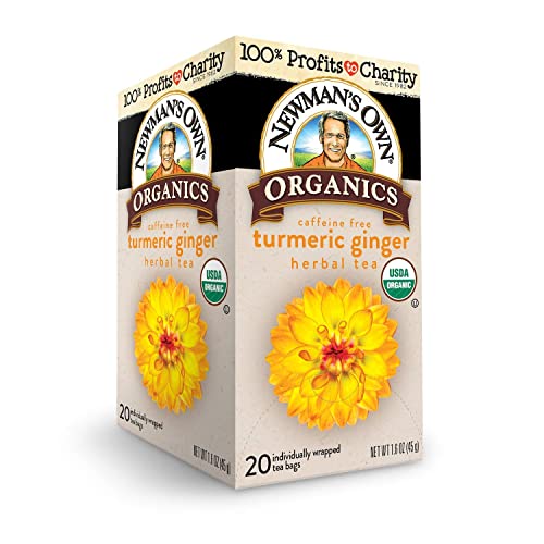 Newman's Own Organic Turmeric Ginger Herbal Tea, Caffeine-Free, Savory & Spicy Flavors Combined For The Perfect Cup Of Tea, 6 Pack Of 20 Tea Bags Individually Wrapped, 120 Teabags Total