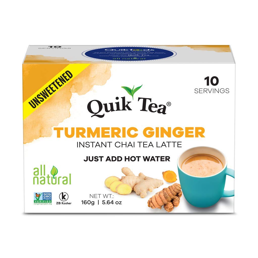 QuikTea Unsweetened Turmeric Ginger Chai Tea Latte - 10 Count Single Box - All Natural Preservative Free Authentic Instant Chai from Assam