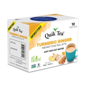 QuikTea Unsweetened Turmeric Ginger Chai Tea Latte - 10 Count Single Box - All Natural Preservative Free Authentic Instant Chai from Assam