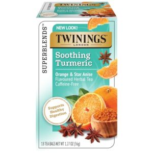 twinings soothe tea - orange & star anise flavoured turmeric tea, digestive tea, naturally caffeine-free herbal tea bags individually wrapped, 18 count.