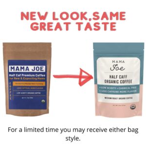 Mama Joe Organic Half Caff Coffee [Ground] - Low Acid, Low Caffeine Coffee for Pregnancy - Naturally Decaffeinated Using Mountain Water