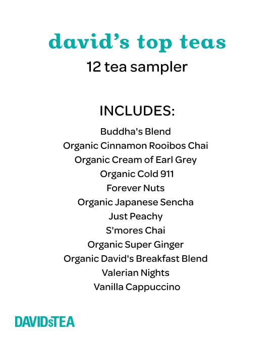 DAVIDsTEA David’s Top Teas Sampler, Loose Leaf Tea Gift Set, Assortment of 12 Fan Favourite Teas, 109 g / 3.8 oz