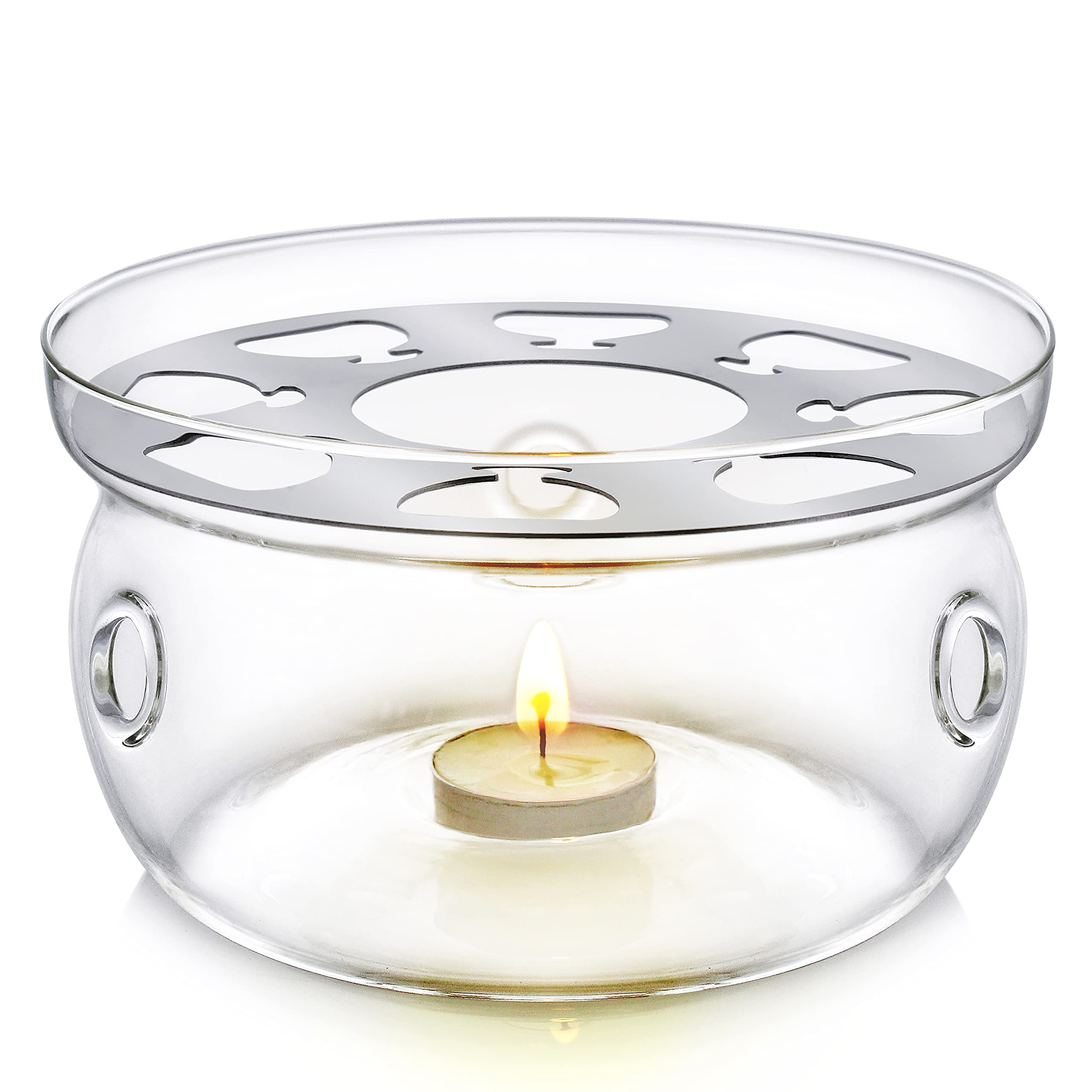 Teabloom Universal Tea Warmer (Large Size - 6 in / 15 cm Diameter) - Handcrafted with Heat Proof & Lead-Free Glass - Tealight Candle Included