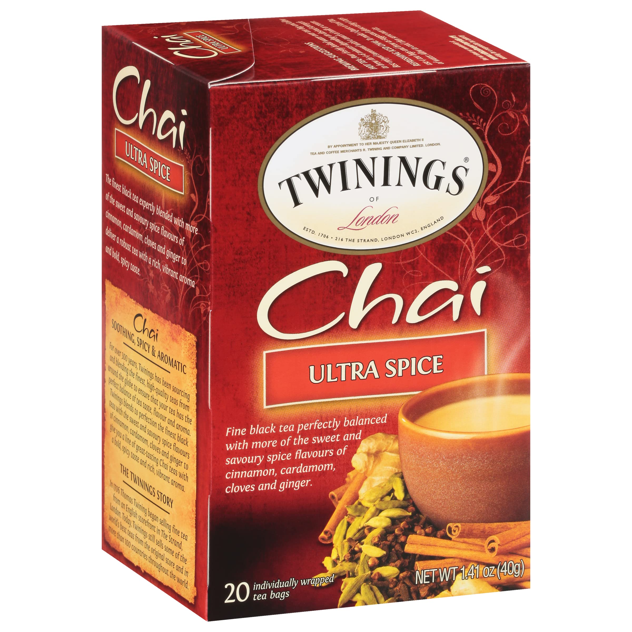 Twinings Chai Tea, Ultra Spice Chai Tea Bags with Cinnamon, Ginger, Cardamon, Clove for a Spicy Chai Tea Latte, 20 Tea Bags