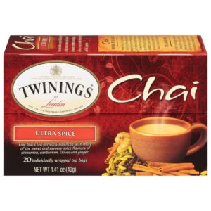 Twinings Chai Tea, Ultra Spice Chai Tea Bags with Cinnamon, Ginger, Cardamon, Clove for a Spicy Chai Tea Latte, 20 Tea Bags