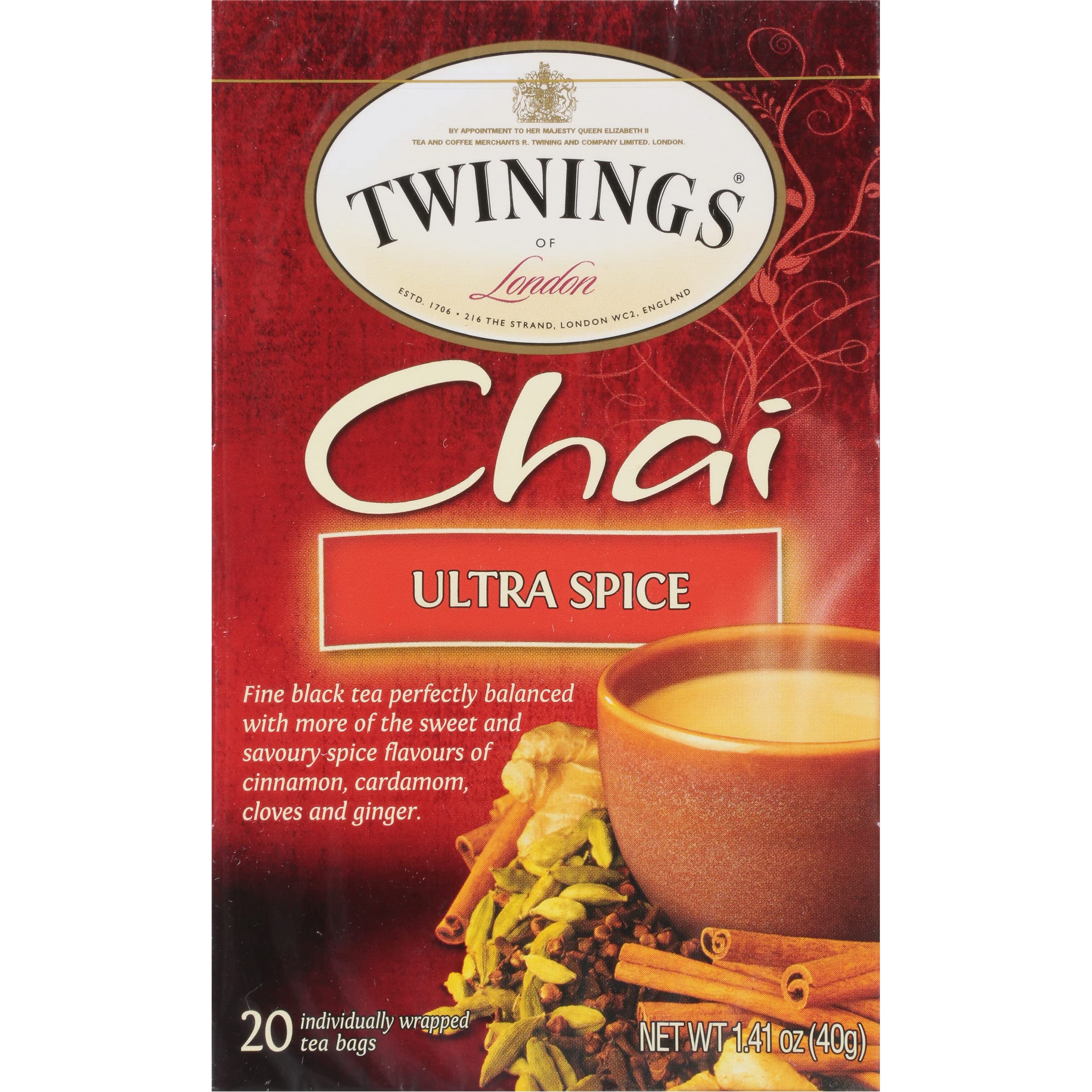 Twinings Chai Tea, Ultra Spice Chai Tea Bags with Cinnamon, Ginger, Cardamon, Clove for a Spicy Chai Tea Latte, 20 Tea Bags