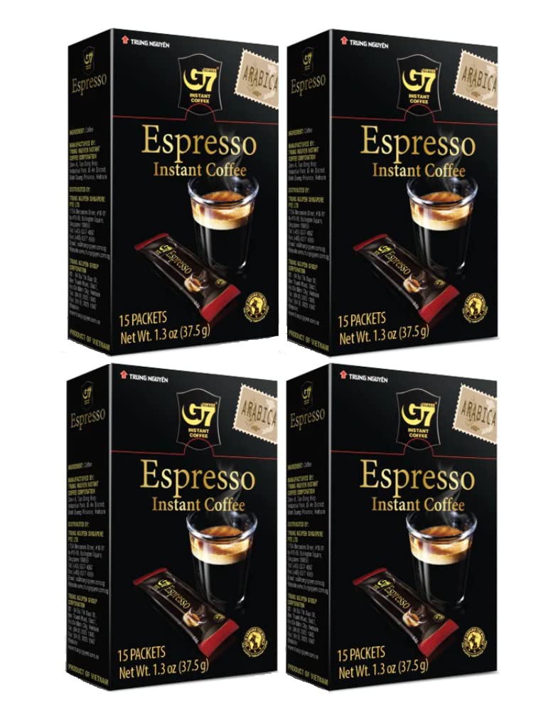 Trung Nguyen — G7 Instant Coffee — Espresso — 100% Arabica Coffee — Strong and Bold — Instant Vietnamese Coffee (15 Packets/Box, 4-Pack)