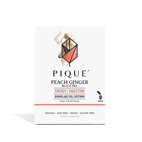 Pique Organic Peach Ginger Tea Crystals - Caffeinated Black Tea For Energy, Prebiotic Polyphenols Support Healthy Digestion - 14 Single Serve Sticks (Pack of 1)