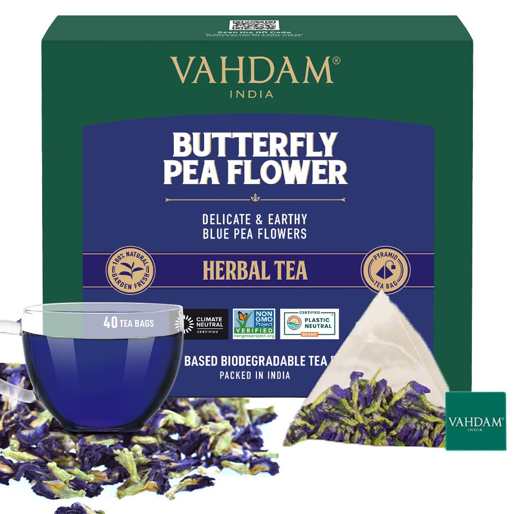 VAHDAM, Butterfly Pea Flower Tea Bags (40 Pyramid Tea Bags) Vegan, Non-GMO | Delicate & Earthy | Direct From Source - Plant Based Biodegradable Tea Bags | Brew Iced Tea, Cooking, Mocktails & Cocktails