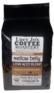 lucy jo's coffee, organic mellow belly low acid blend, medium dark roast, whole bean, 11 oz (26 oz)
