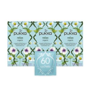 pukka organic tea bags, relax herbal tea, chamomile, cardamon and fennel, perfect for calming, 20 count (pack of 3) 60 tea bags