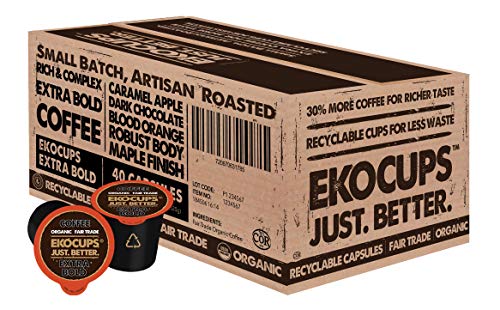EKOCUPS Organic Extra Bold Roast Coffee Pods, Extra 30% More Coffee Per Cup, Artisan Fair Trade Dark Roast, Extra Bold Coffee for Keurig K Cup Machines, Recyclable Pods, 40 Count