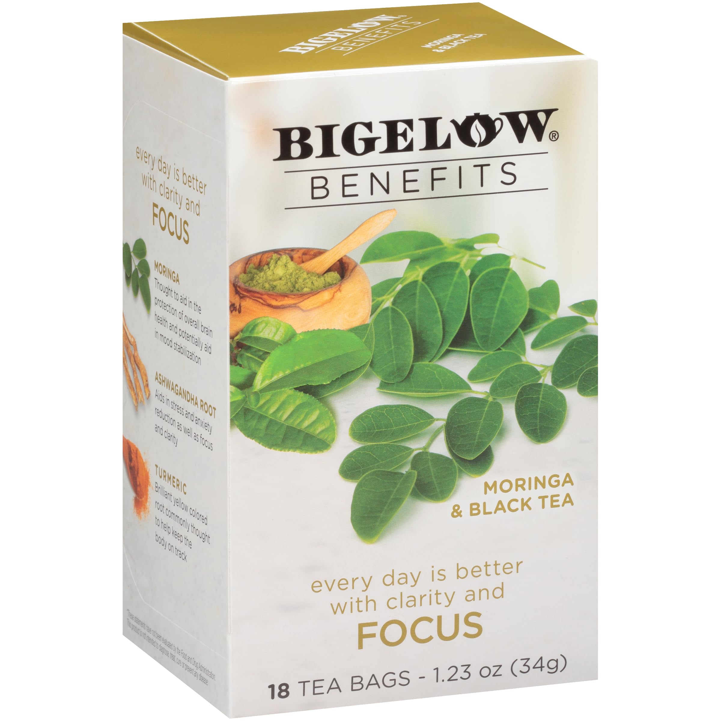 Bigelow Benefits Focus Moringa & Black Tea, Caffeinated, 18 Count (Pack of 6), 108 Total Tea Bags