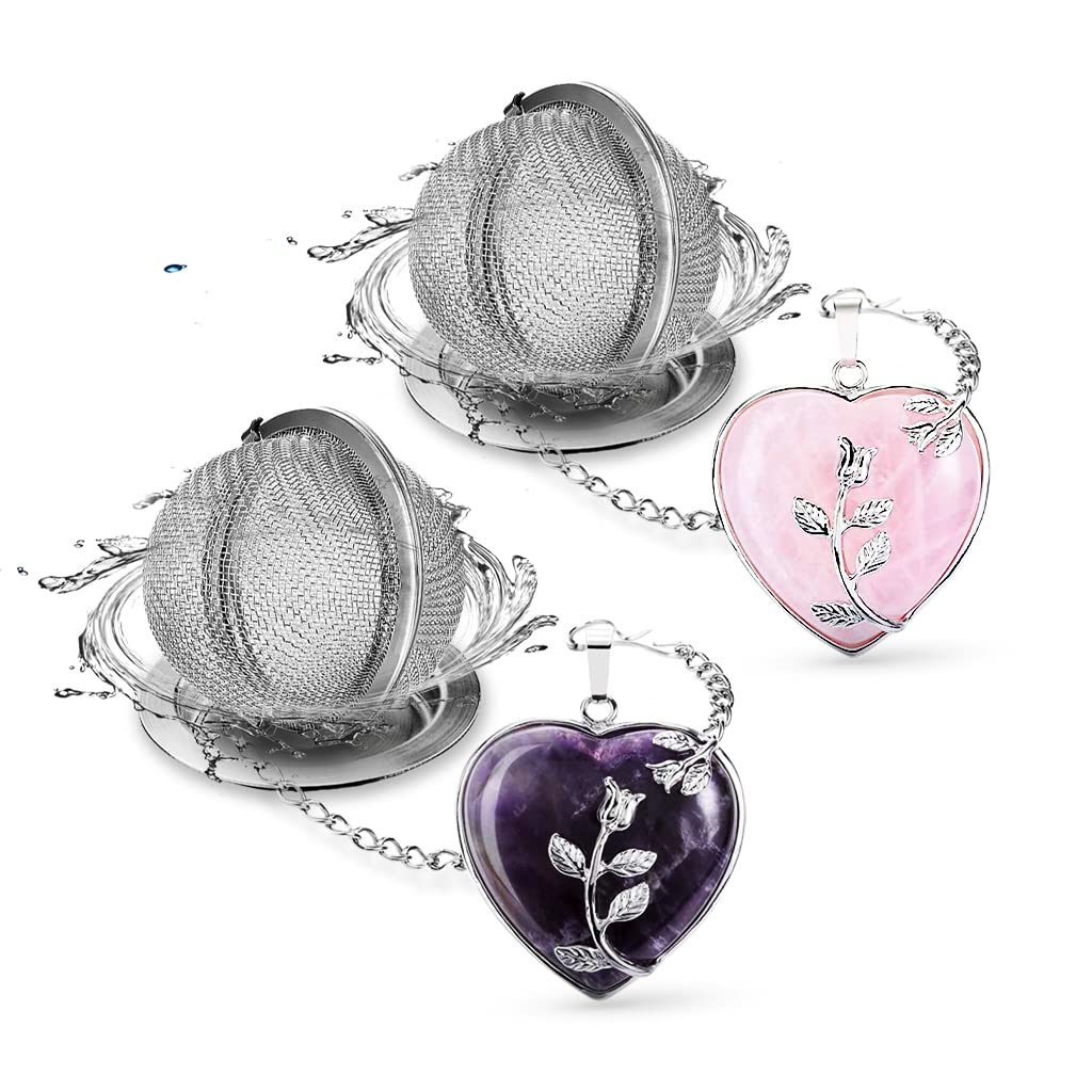 NSTaygate 2pcs Tea Infuser Tea Strainers for Loose Tea Amethyst & Rose Quartz Crystal Heart Pendant Infinity Love Heart Couple Handmade Gemstone Tea Ball Set Gifts for Women Gifts for Mom