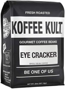 koffee kult eye cracker espresso coffee beans - bright, bold medium roast with a citrus twist coffee crema - artisan roasted fresh 100% arabica speciality grade (whole bean, 32oz)