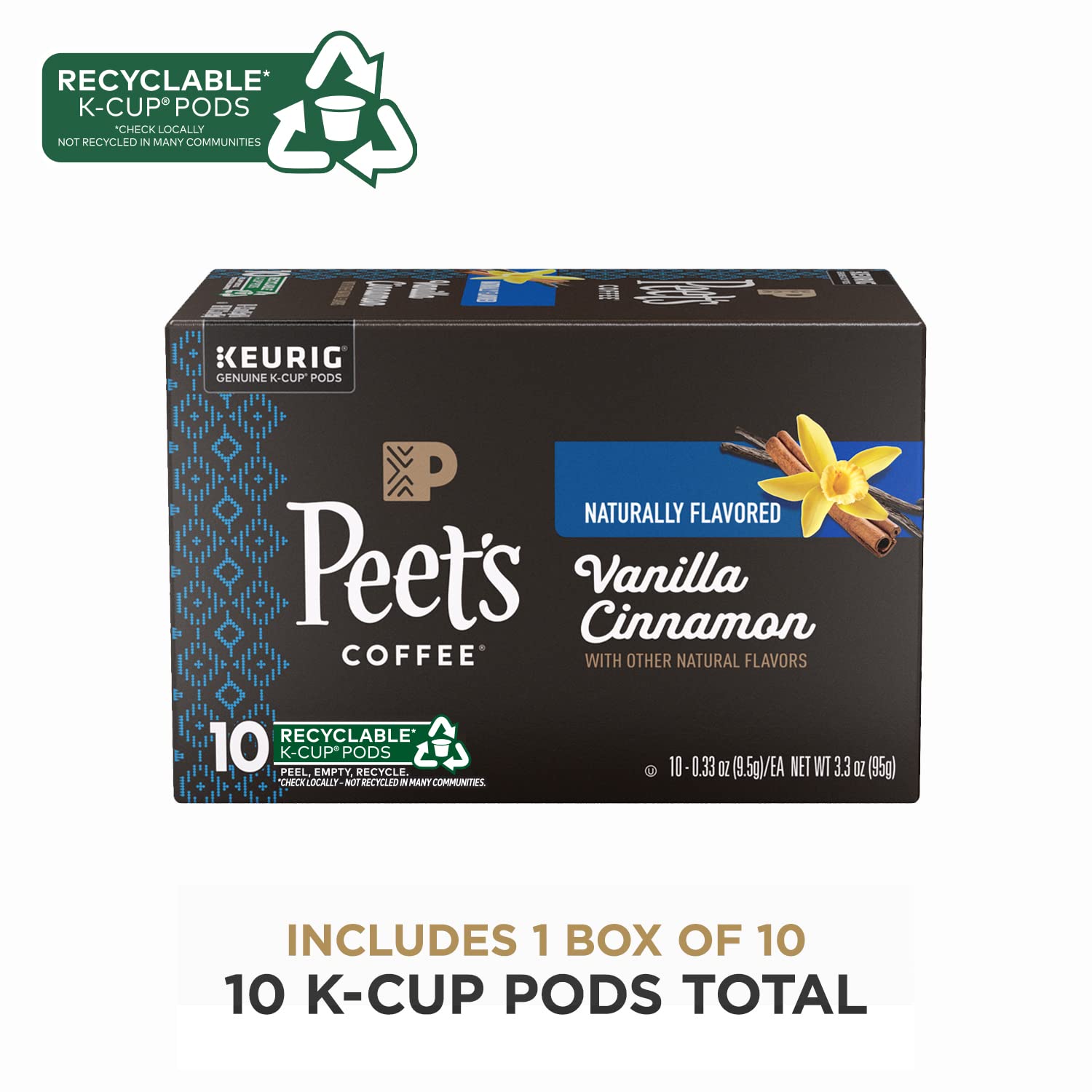 Peet’s Coffee, Vanilla Cinnamon - Flavored Coffee, 10 K-Cup Pods for Keurig Brewers (1 box of 10 pods), Light Roast
