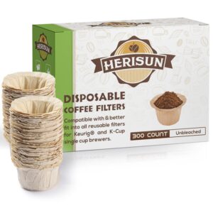 herisun disposable k cup coffee filters 300 count, coffee filter paper for keurig brewers single serve 1.0 and 2.0, use with resusable k cup pods, natural