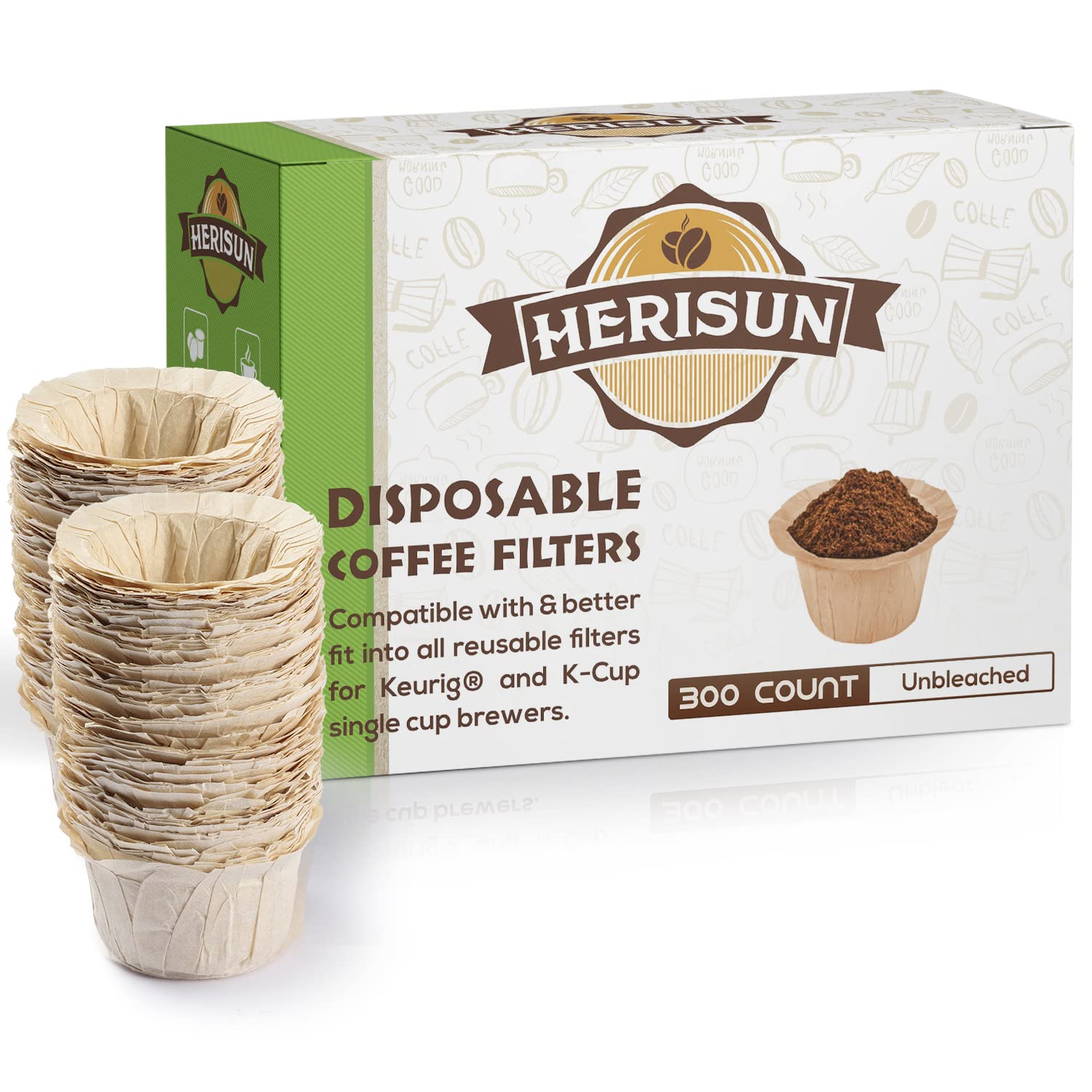 HERISUN Disposable K Cup Coffee Filters 300 Count, Coffee Filter Paper for Keurig Brewers Single Serve 1.0 and 2.0, Use with Resusable K Cup Pods, Natural