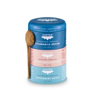 justea herbal tea trio | stacking tins variety pack with hand carved tea spoon | loose leaf tea | caffeine free | award-winning | fair trade | non-gmo