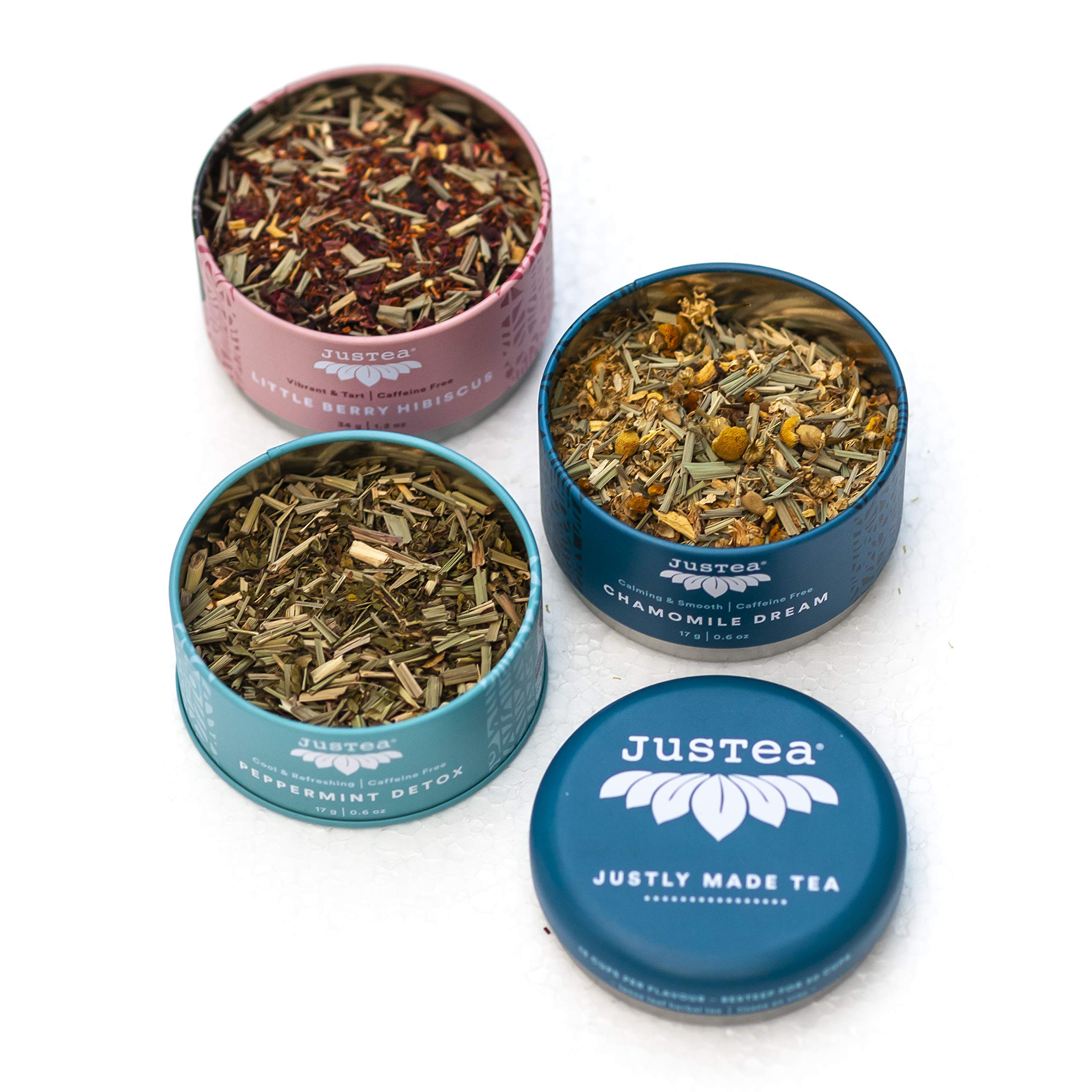 JusTea Herbal Tea Trio | Stacking Tins Variety Pack with Hand Carved Tea Spoon | Loose Leaf Tea | Caffeine Free | Award-Winning | Fair Trade | Non-GMO