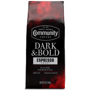 community coffee dark & bold espresso roast, extra dark roast ground coffee, 12 ounce bag (pack of 1)