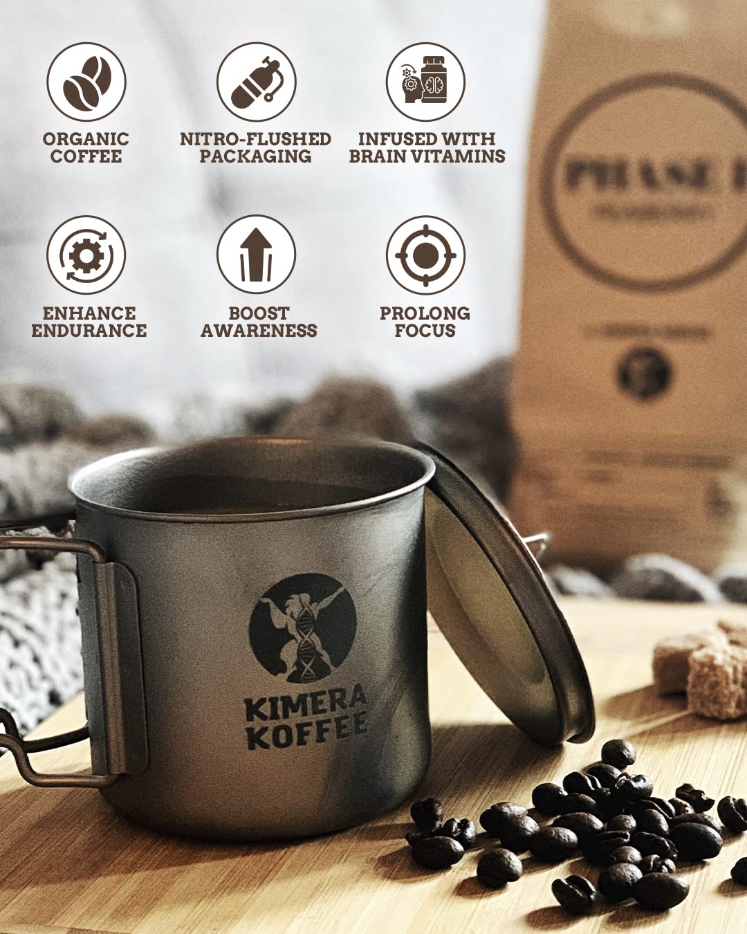 Kimera Koffee - Organic Medium Roast Ground Coffee | Original Blend | Infused with Brain Vitamins |Taurine, Alpha GPC, DMAE, and L-theanine | Enhance Cognitive Stamina & Athletic Performance | 12oz