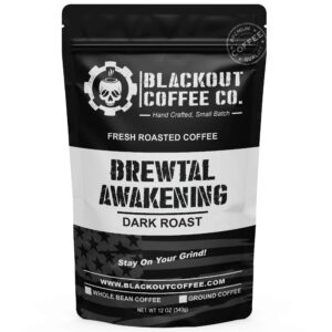 blackout coffee, brewtal awakening dark roast coffee, high caffeine, bold, rich, aromatic, strong & flavored coffee beans, fresh roasted in the usa – 12 oz bag (ground coffee)