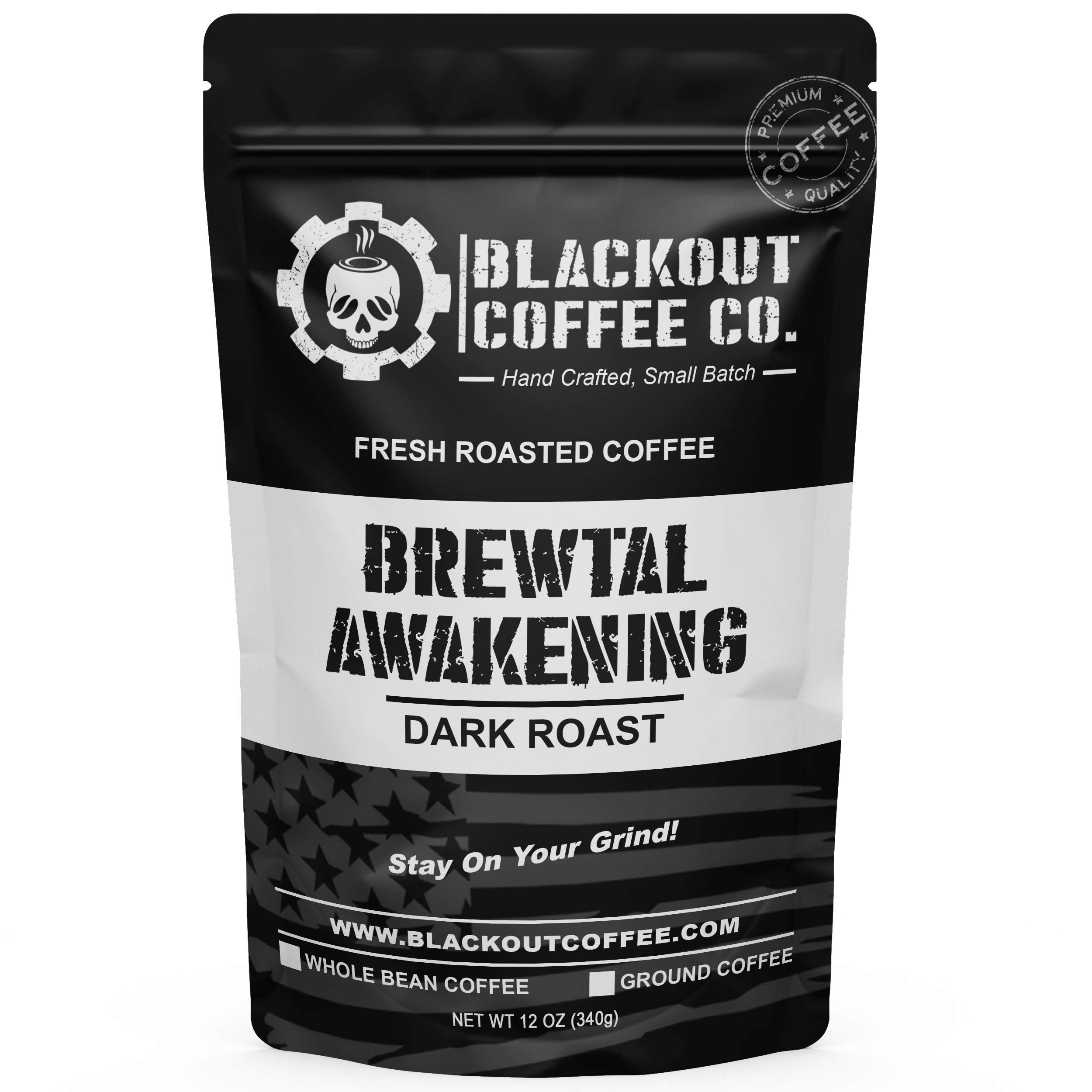 Blackout Coffee, Brewtal Awakening Dark Roast Coffee, High Caffeine, Bold, Rich, Aromatic, Strong & Flavored Coffee Beans, Fresh Roasted In The USA – 12 oz Bag (Ground Coffee)