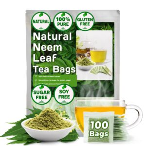 premium 100 neem leaf tea bags, 100% natural and pure from neem leaves. loose leaf neem herbal tea. neem leaf tea. no sugar, no caffeine, no gluten, vegan.