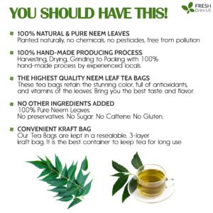 Premium 100 Neem Leaf Tea Bags, 100% Natural and Pure from Neem Leaves. Loose Leaf Neem Herbal Tea. Neem Leaf Tea. No Sugar, No Caffeine, No Gluten, Vegan.
