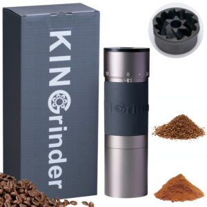 kingrinder k 4 iron grey manual hand coffee grinder 240 adjustable grind settings for french press, drip coffee, espresso with assembly consistency coated conical burr mill, 35g capacity
