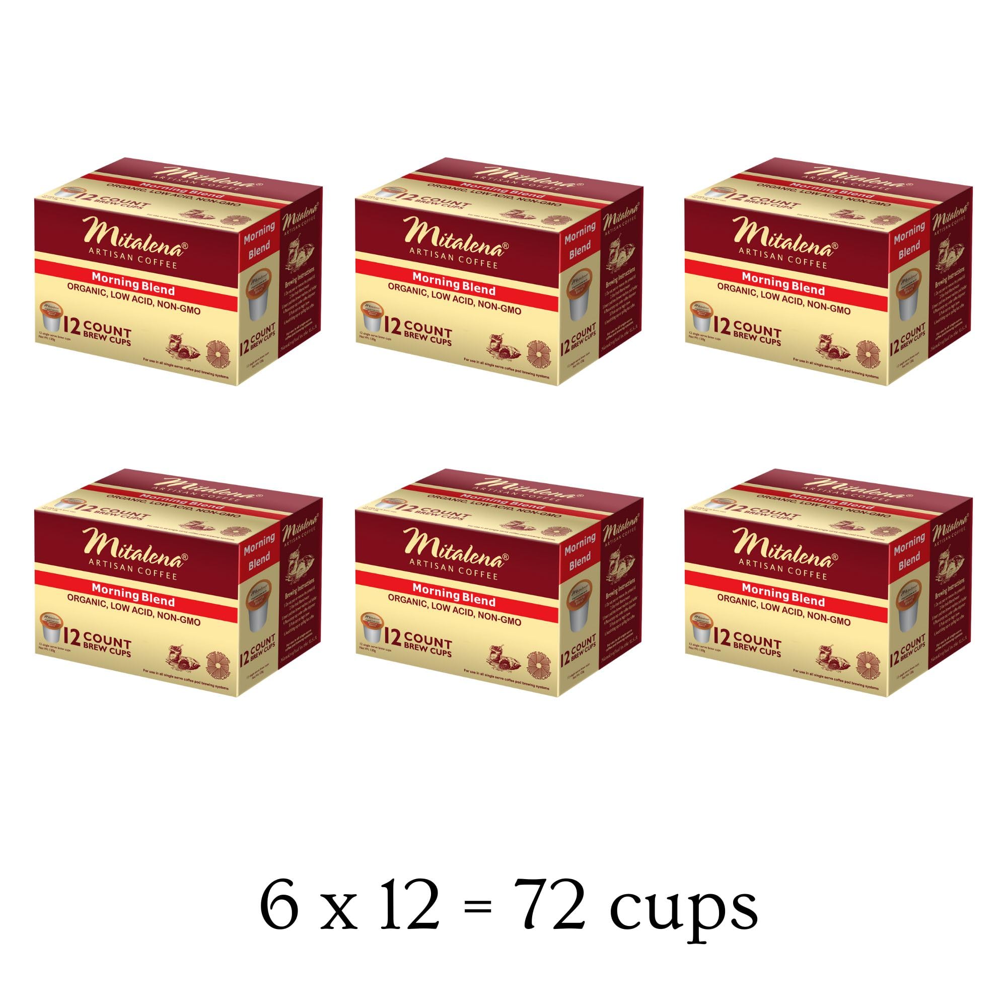 Mitalena Morning Blend Low Acid Coffee Pods - Medium Roast Organic Coffee for Keurig K-cup Coffee Maker - Enjoy Small Batch Artisan Coffee, Avoid Heartburn and Acid Reflux - 72 cups